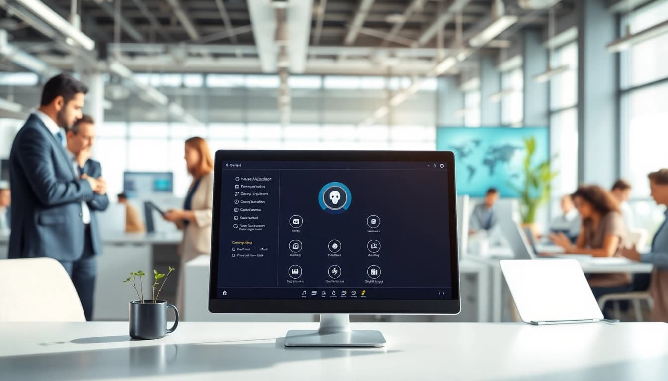 Showcasing an enterprise assistant saas in a corporate environment, highlighting teamwork and productivity.
