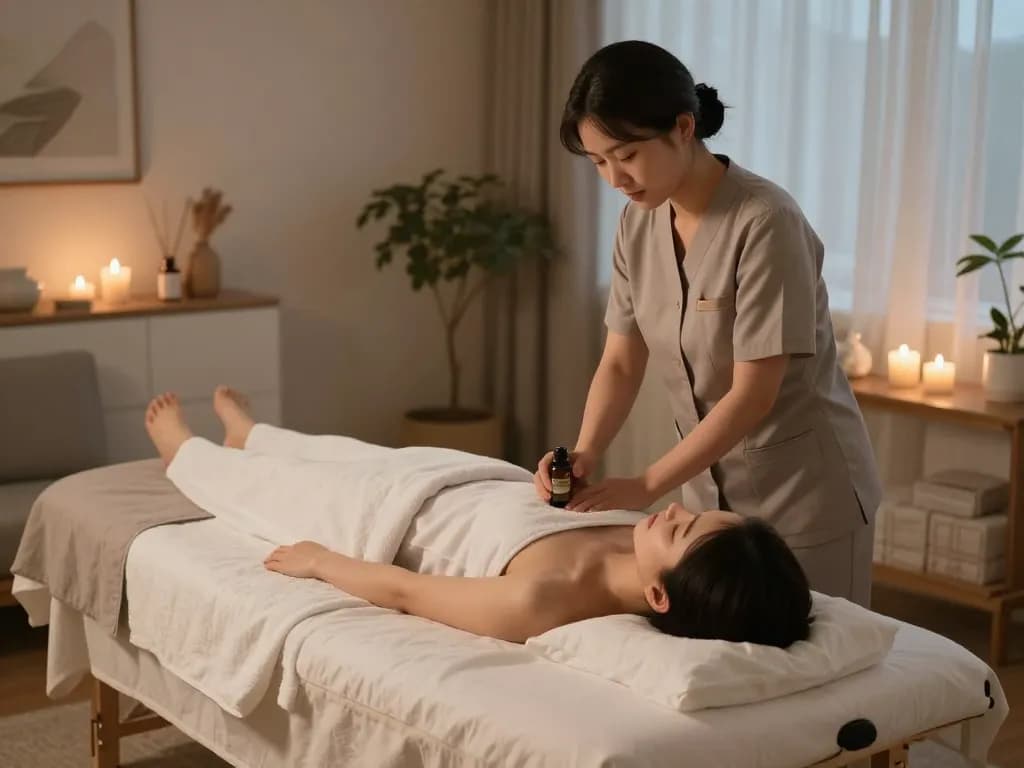 전문 치료사와 함께하는 평화로운 거실의 강남출장안마 치료 세션 휴식 장면.
