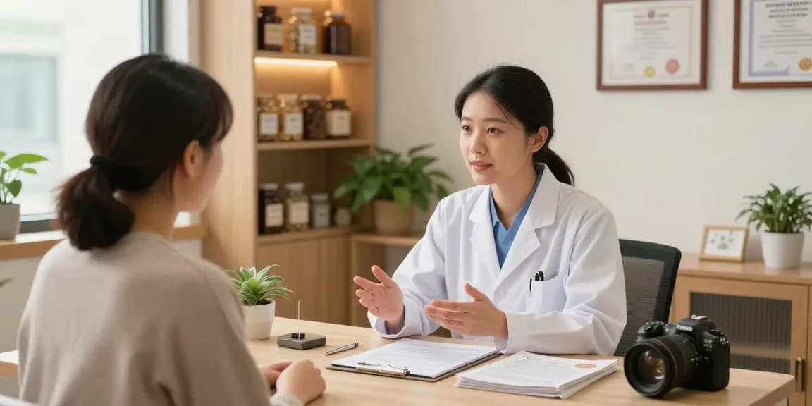 Expert consultation at 수원한의원, highlighting a professional acupuncturist discussing holistic treatments in a calming clinic environment.