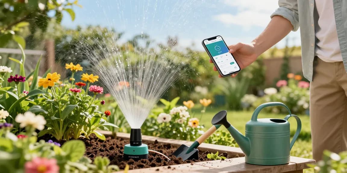 Using a rainpoint water timer to automate garden watering in a vibrant home garden.
