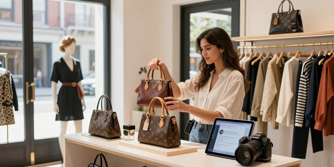 Stylish woman shopping for a high-quality 레플리카 handbag in a trendy urban boutique.