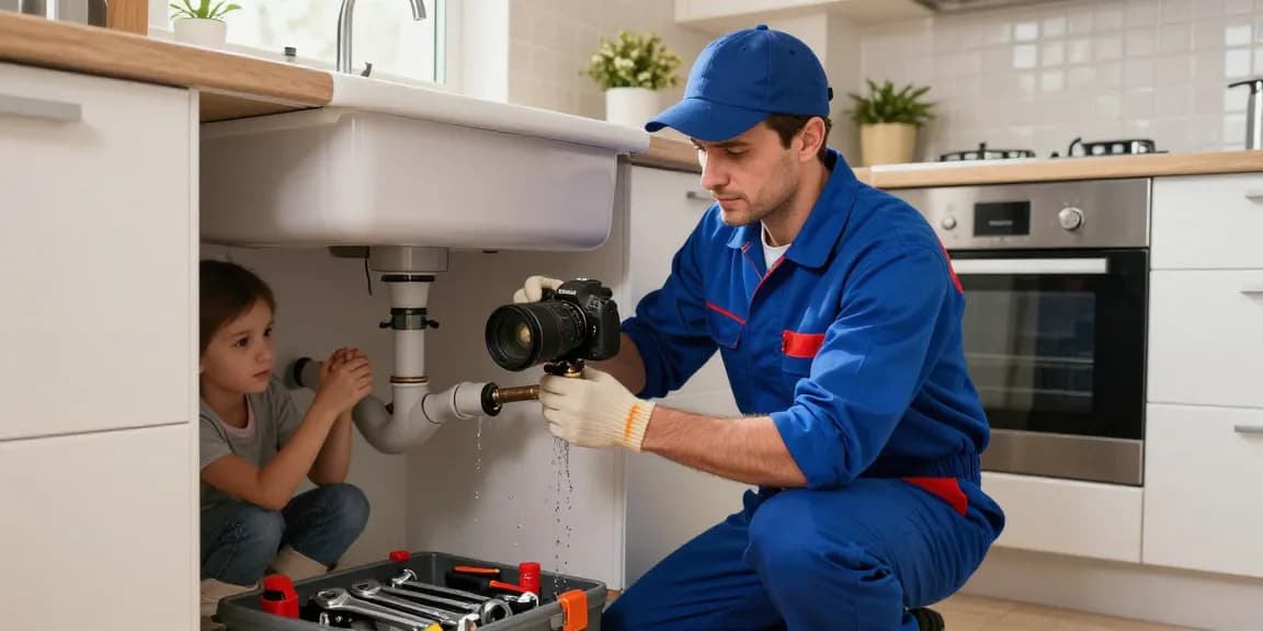 Emergency plumber in Leighton Buzzard repairing a kitchen leak, showcasing expertise and household comfort.
