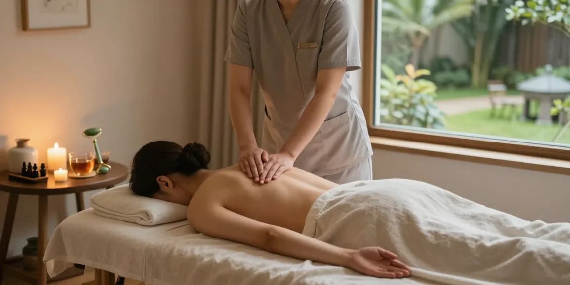 방이동출장안마에서 편안한 마사지 중인 고객과 마사지사, 아로마와 조명이 어우러진 홈 스파 분위기