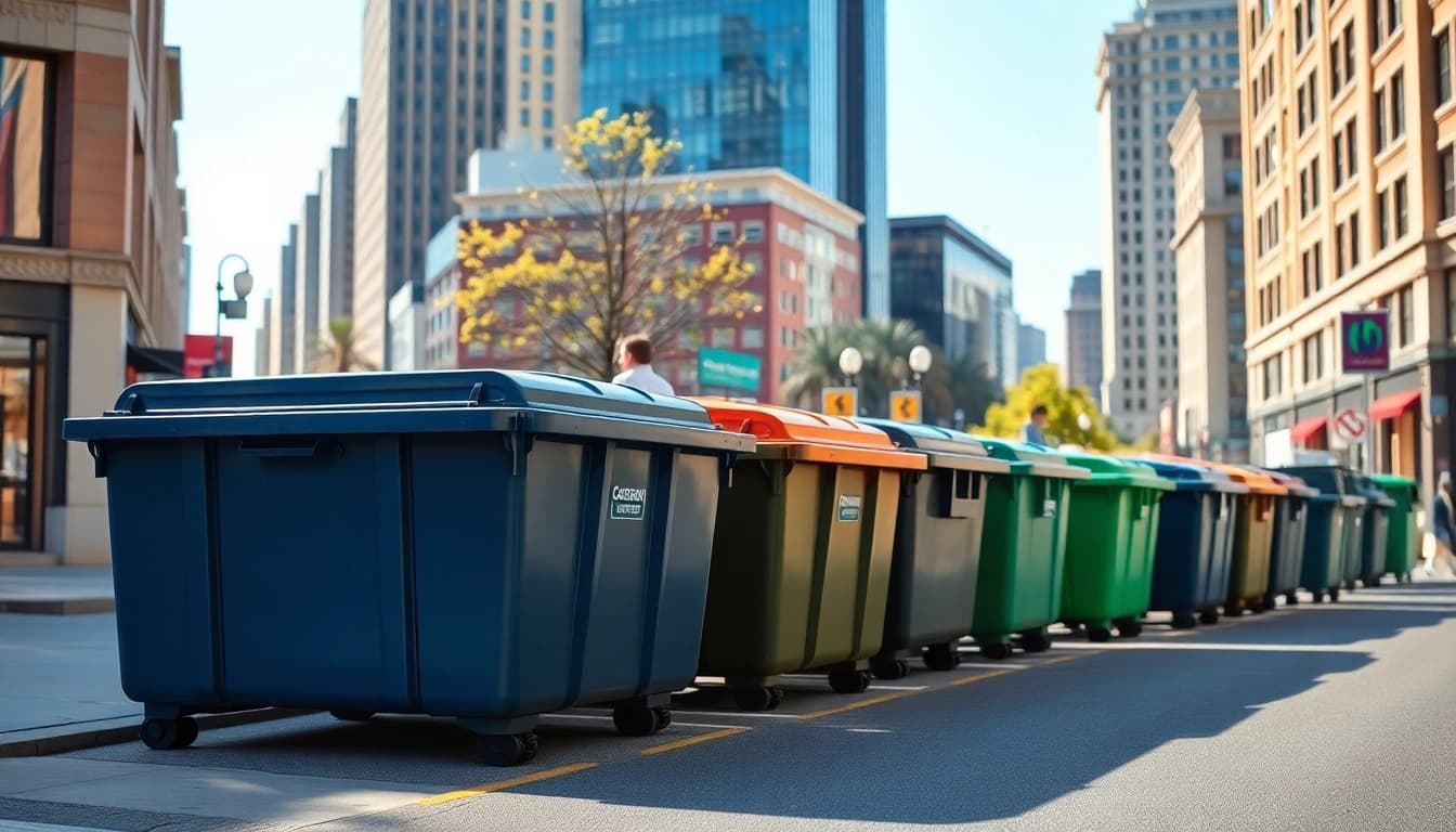 Showcasing garbage bins rental options in a vibrant urban environment.