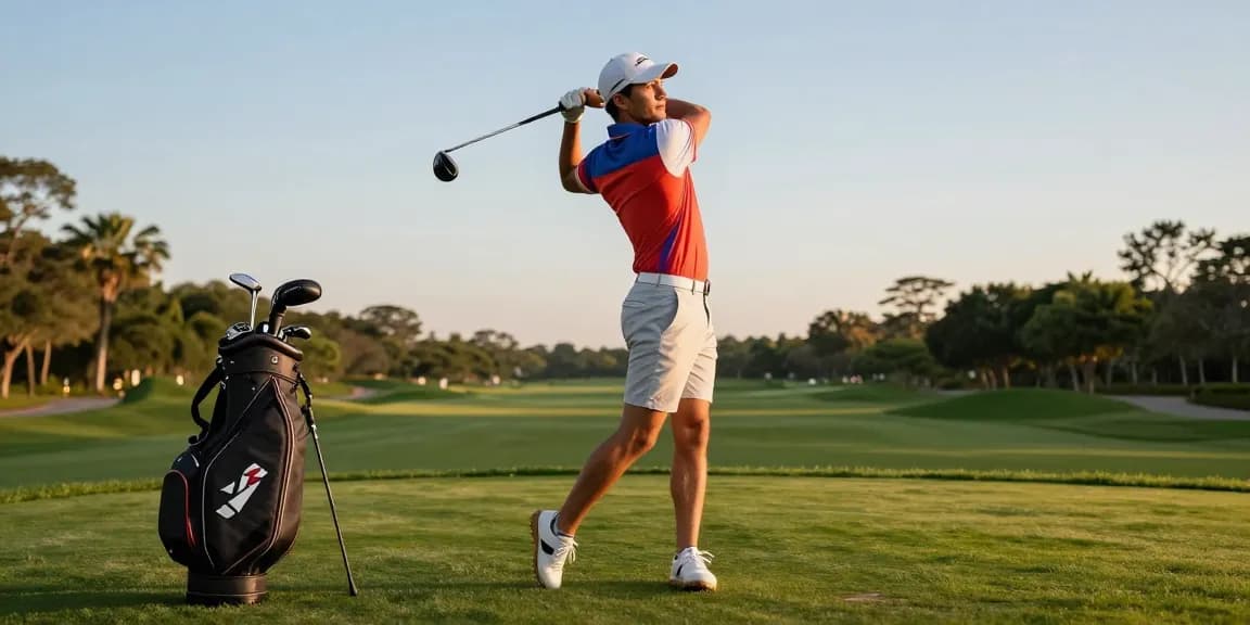 Stylish golfer showcasing 골프웨어 레플리카 while swinging a club on the golf course.
