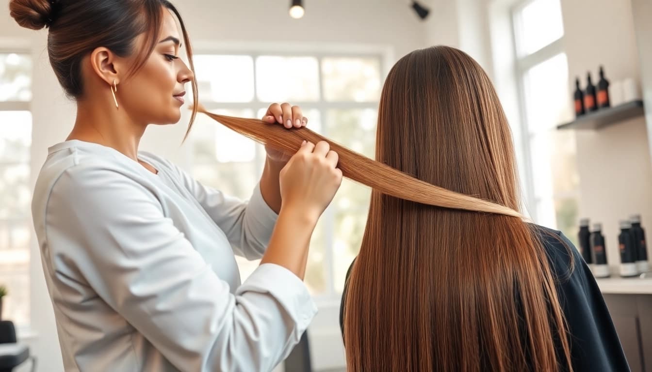 Enhance your look with genius weft hair extensions applied by a professional stylist in a modern salon.