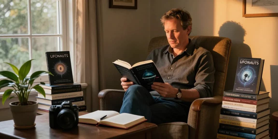 Cozy reading nook with T Allen Greenfield exploring spirituality through UFOnauts at https://tallengreenfield.com.