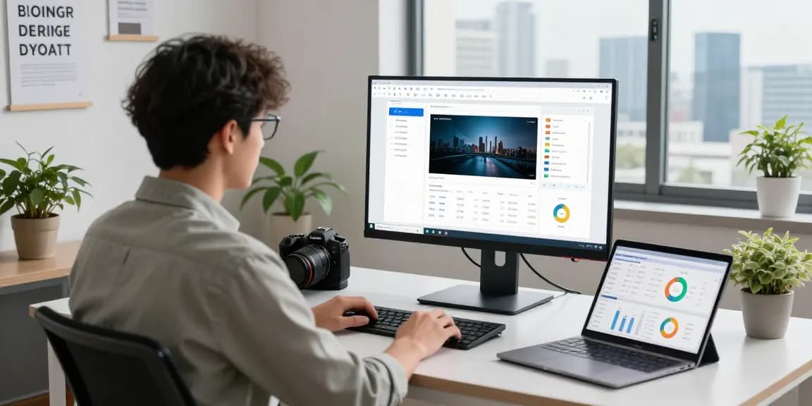 Analyzing results from a free AI image detector in a modern tech workspace.