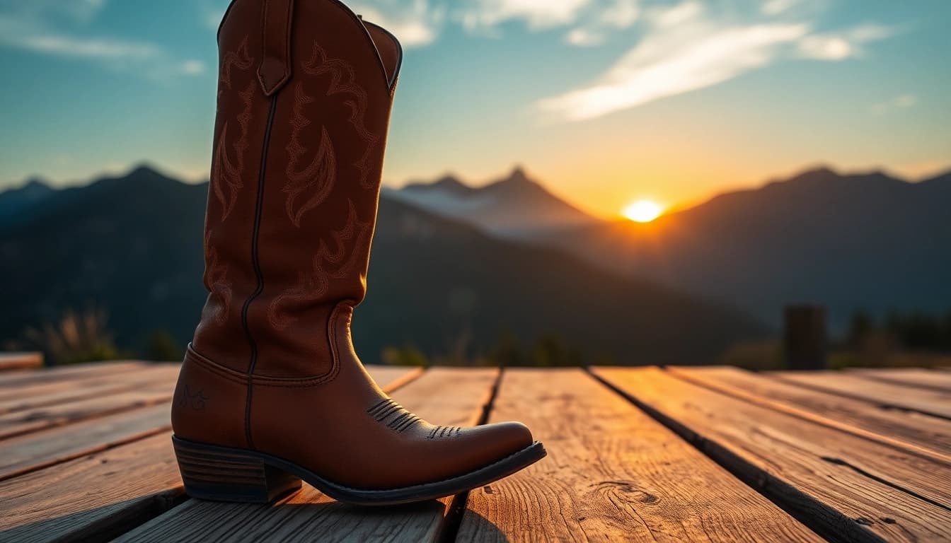 Showcase of quality western wear Canada with a stunning cowboy boot on wooden floor.