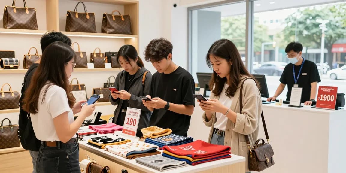 Shoppers engaging with high-quality 레플리카 사이트 products in a stylish retail store, showcasing vibrant displays.