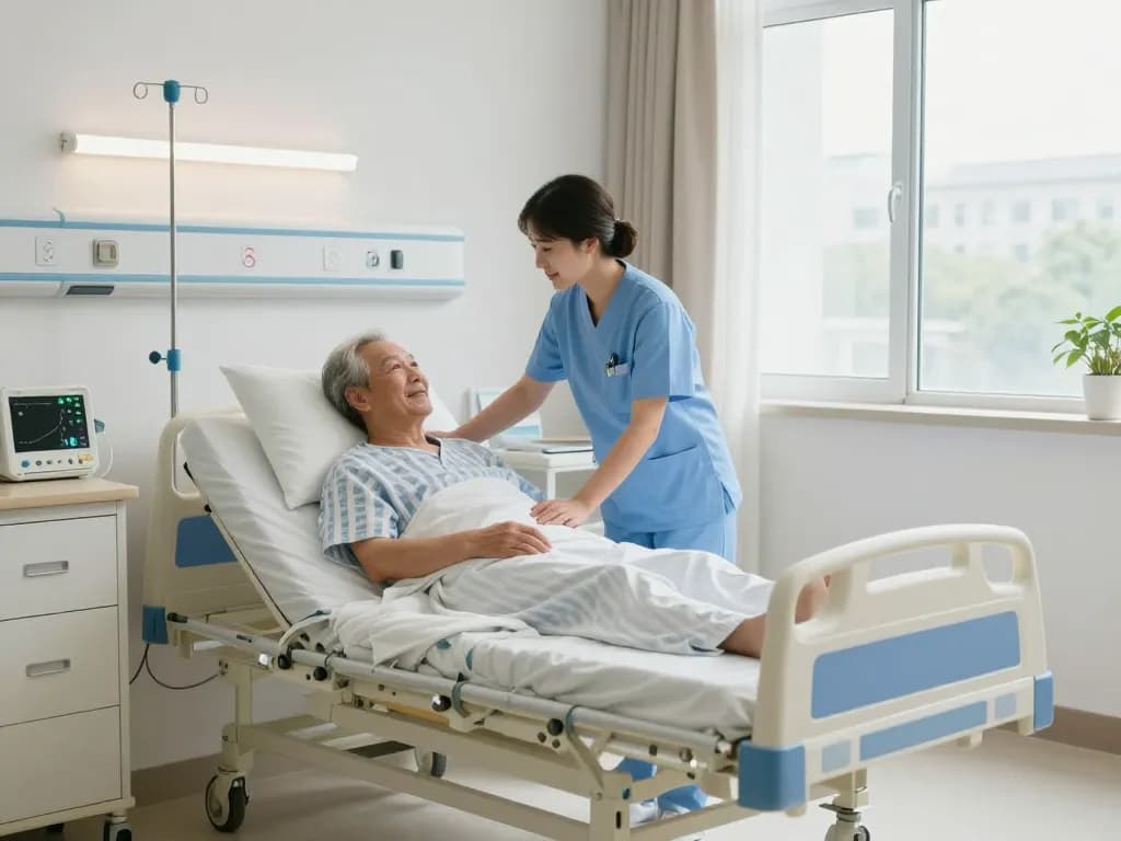 High-quality giường bệnh nhân in a serene hospital room with supportive nursing staff.