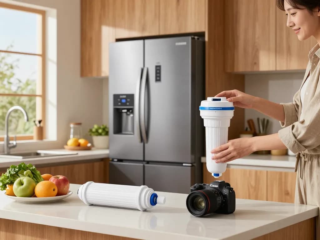 Person replacing Filterlogic DA29-00020B Replacement for Samsung RF28HMEDBSR in a modern, bright kitchen.