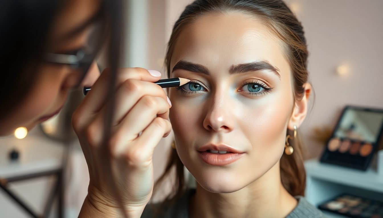 Applying eyebrow pencil light brown on a model with a natural makeup look in a professional studio.
