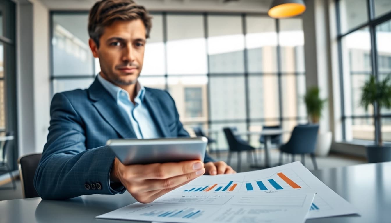 Consulting expert performing Bid-No-Bid Analysis with digital tools in a professional office.