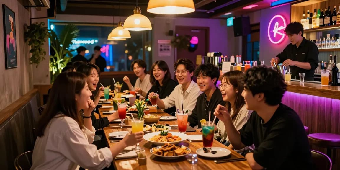 Gathering at 상봉동 한국관나이트 with friends enjoying vibrant Korean nightlife cocktails and snacks.