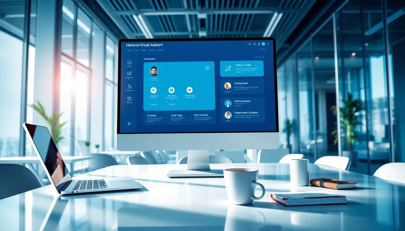Engaging visual of enterprise assistant saas software interface showcasing productivity tools in a modern office.