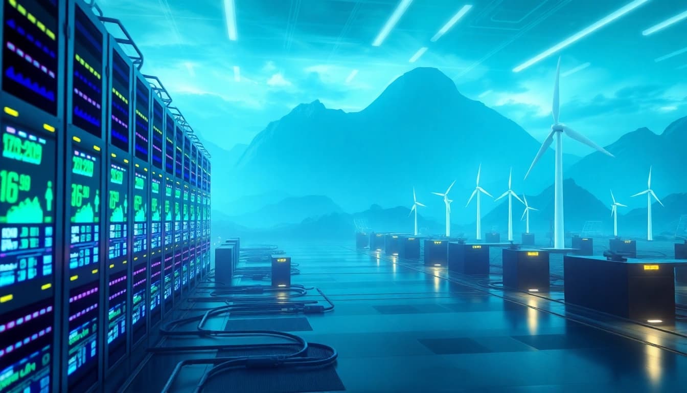Dogecoin cloud mining earnings displayed in a futuristic tech facility.
