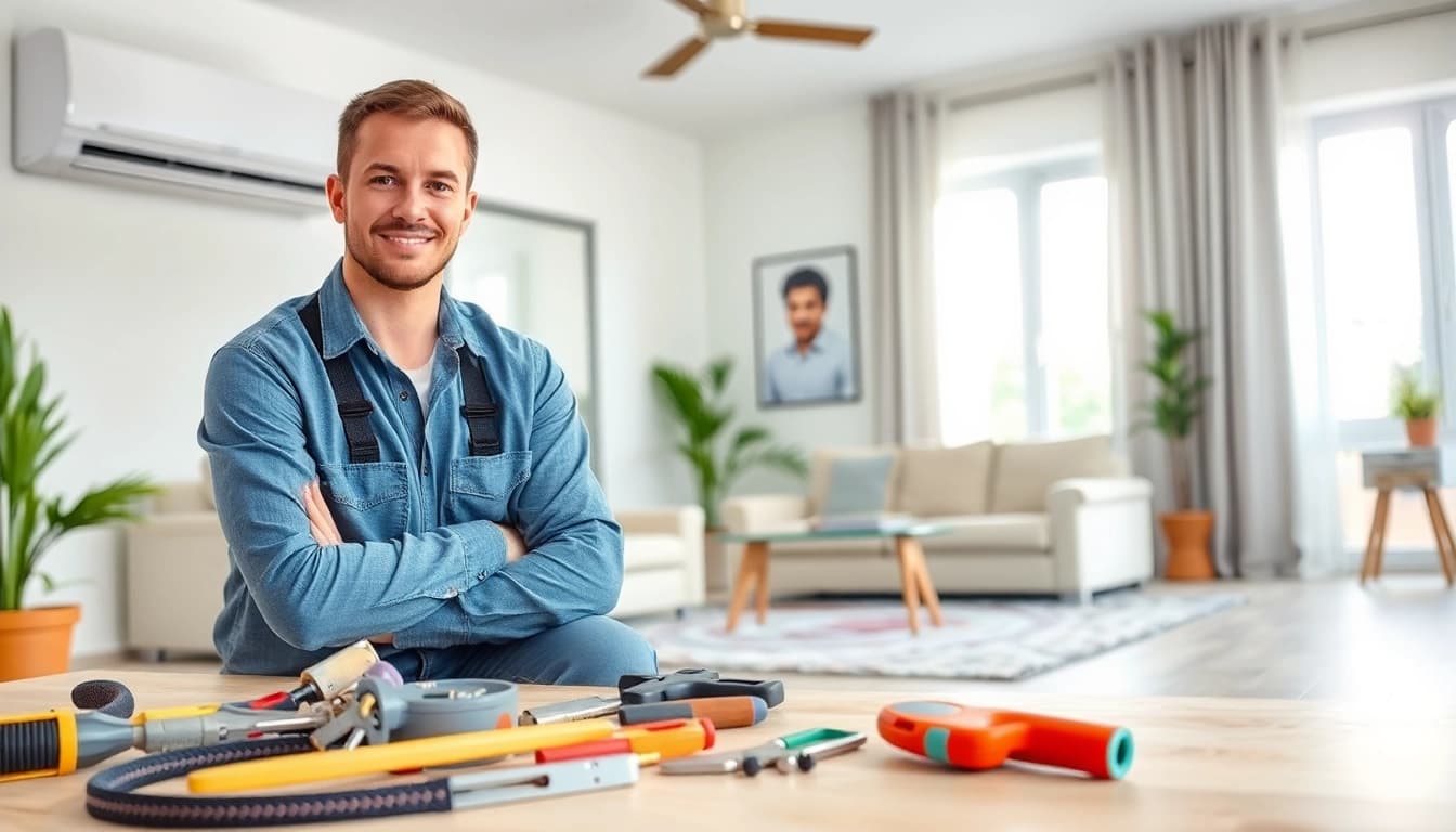 Expert technician performing AC installation services in a bright, modern home.