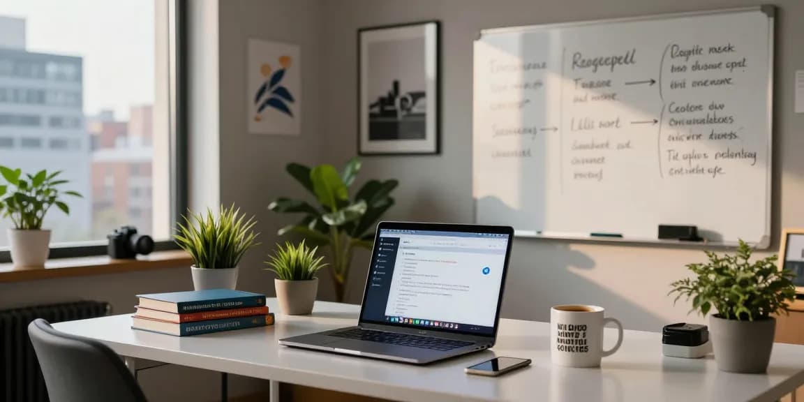 Engaging home office with Telegram中文 on laptop screen, showcasing communication strategies.