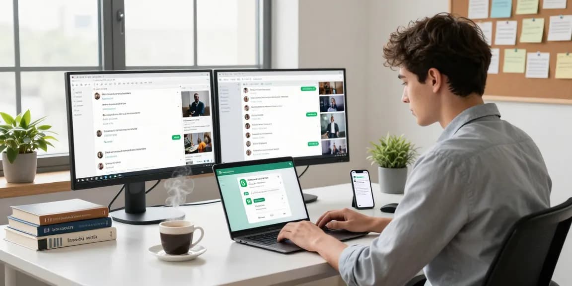 Workspace scene featuring WhatsApp電腦版 app on laptop, showcasing modern productivity.