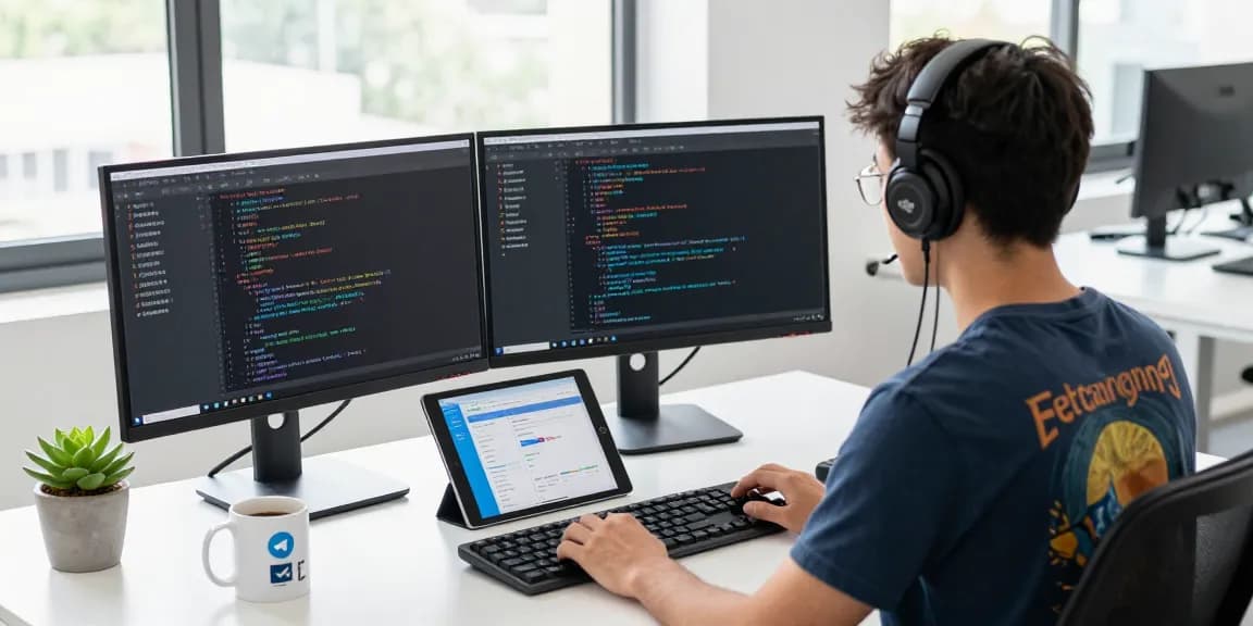 Developer coding on Telegram中文 interface in a tech-savvy workspace, showcasing innovation and productivity.