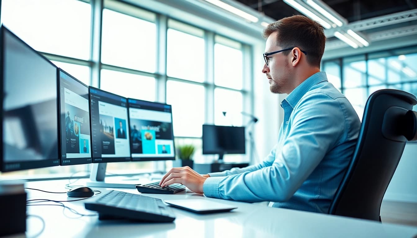 Marcel Hüsig arbeitet fokussiert an modernem Webdesign in einem kreativen Büro.
