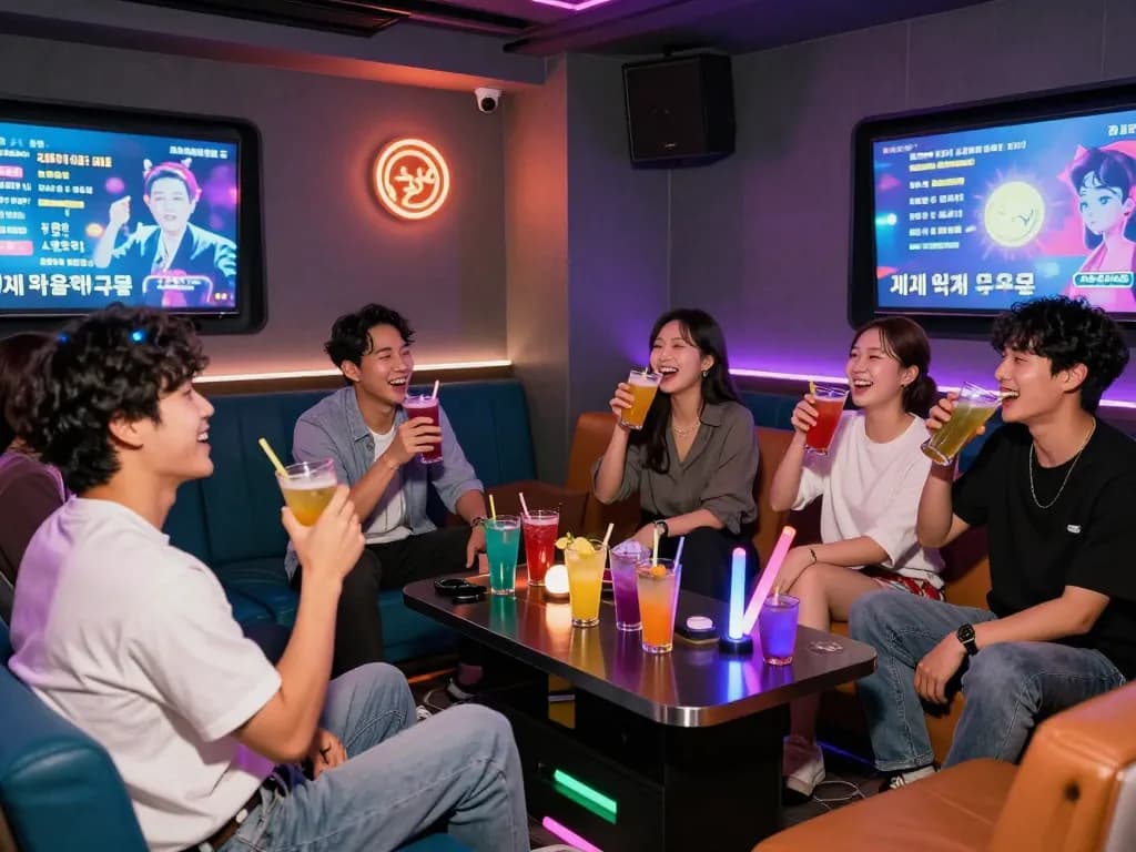 Engaging 제주유흥 nightlife experience with guests enjoying drinks and karaoke in a vibrant room atmosphere.