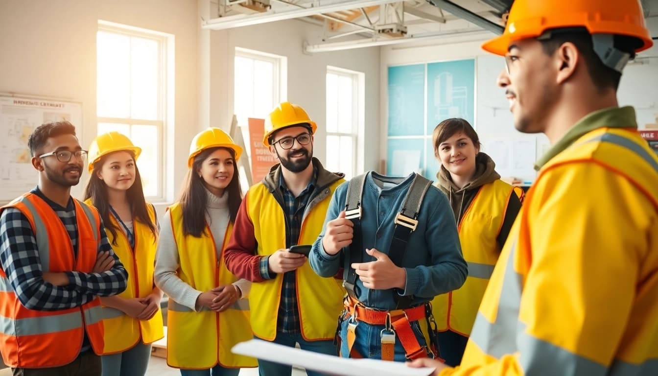 Engaging construction safety training session with diverse participants and safety gear.
