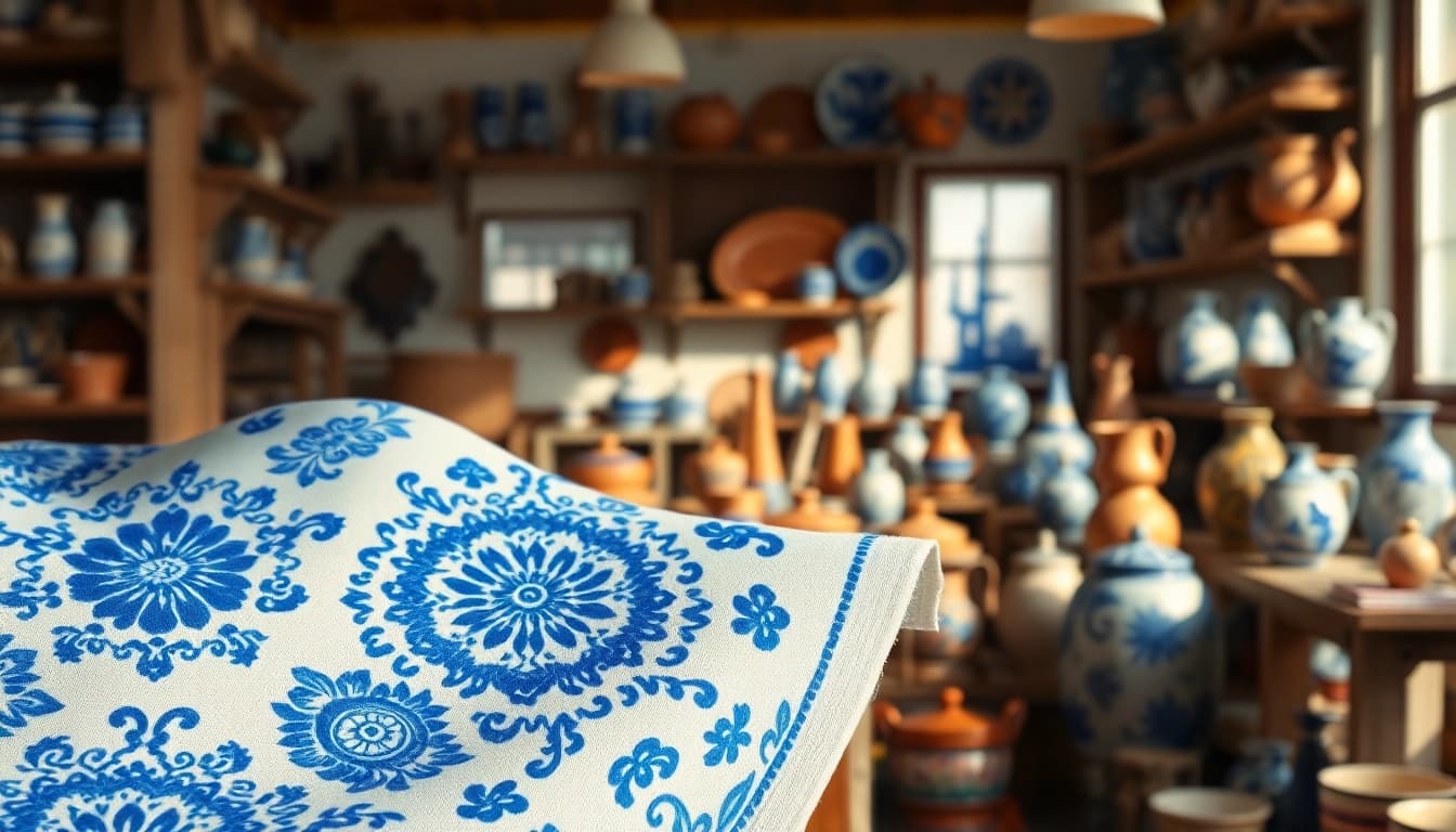 Delfts blauwe stof met prachtige details in een serene setting.