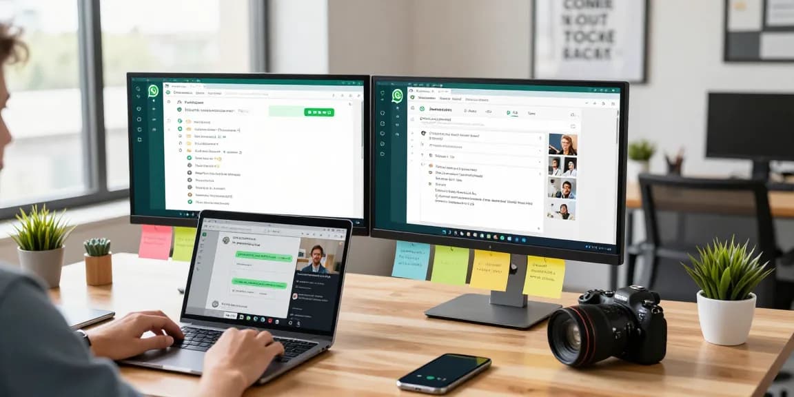 Engaged user utilizing WhatsApp電腦版 in a modern tech workspace with vibrant interface.