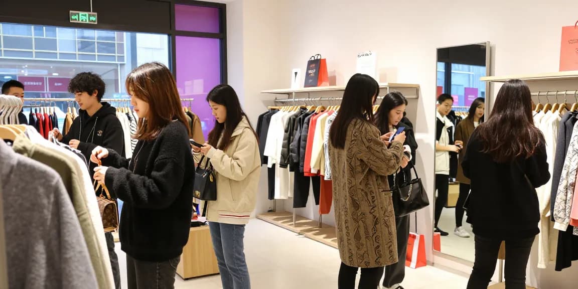 Stylish 레플리카 fashion items in a vibrant retail scene with young shoppers exploring trendy clothing.