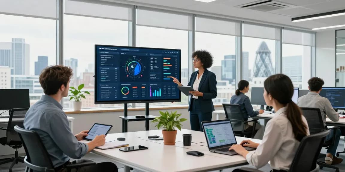 Engaged team discussing london business it support strategies in a modern office with IT analytics displayed.