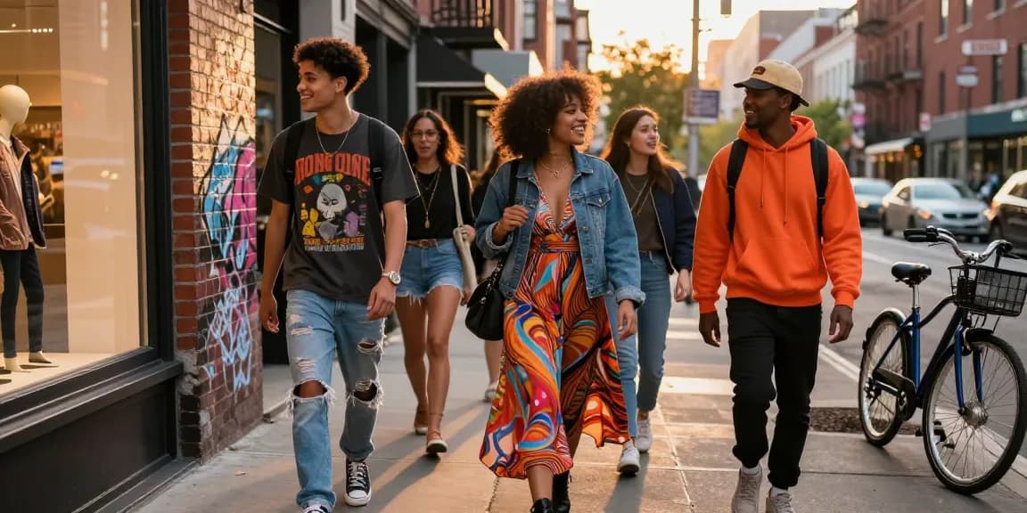 Explore urban fashion trends at https://shs-dome5.com/ with diverse individuals in stylish outfits, showcasing streetwear culture in a vibrant city environment.