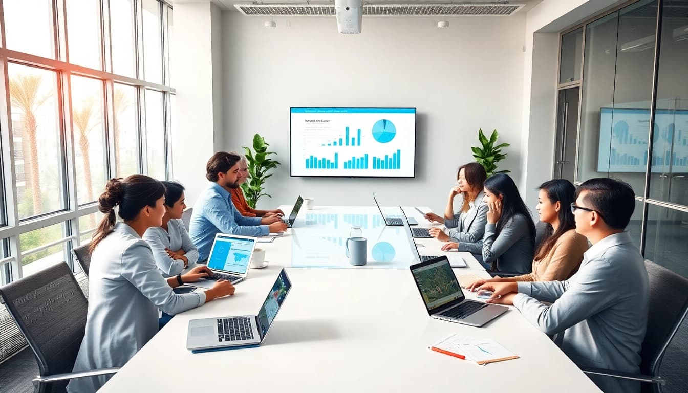 专业人士在现代办公室协作，使用数字设备上的 WPS Office 软件。