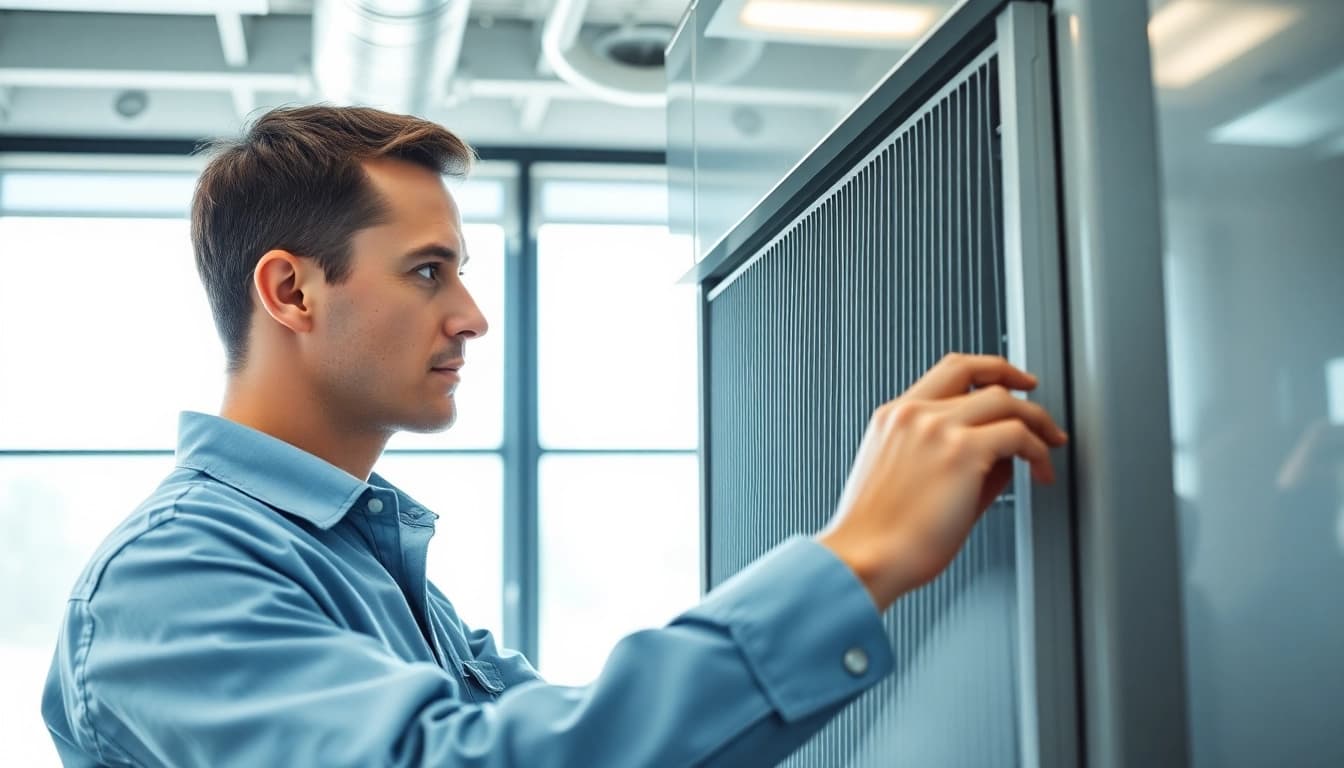 A skilled technician evaluates a Trane Canada HVAC system in a contemporary office setting.