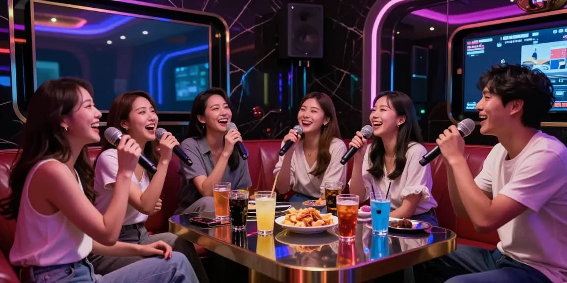 Engaging scene of friends enjoying 강남 가라오케 with stylish ambiance and joyful atmosphere.