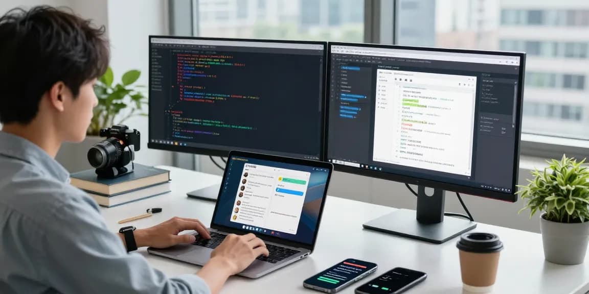 Professional workspace showcasing 纸飞机中文版 app setup on laptop with dual monitors, coffee, and city view.