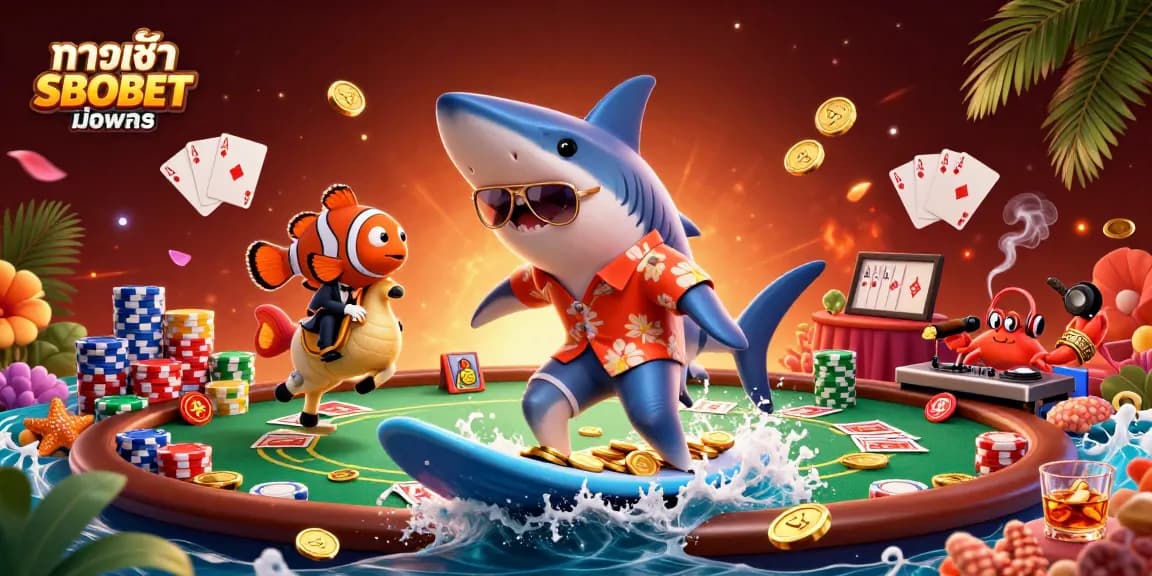 Surf dynamic action with ทางเข้า SBOBET มือถือ depicting a shark in sunglasses surfing gold coins amidst poker elements.
