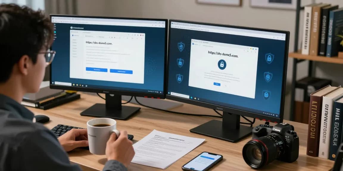 Person verifying browser settings for secure access to https://shs-dome5.com/ in a tech-savvy workspace.