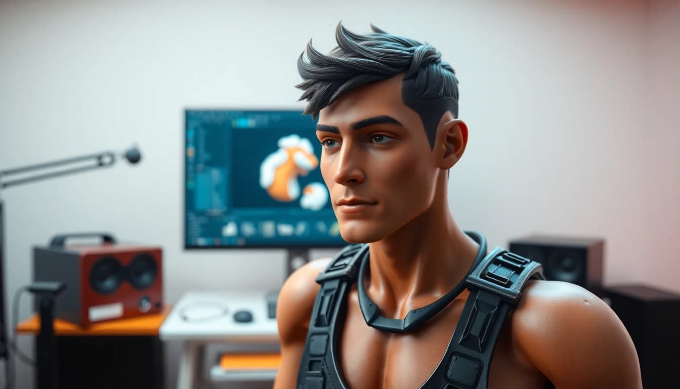 3D Animation project being developed in a modern studio setting with dynamic character rigging.