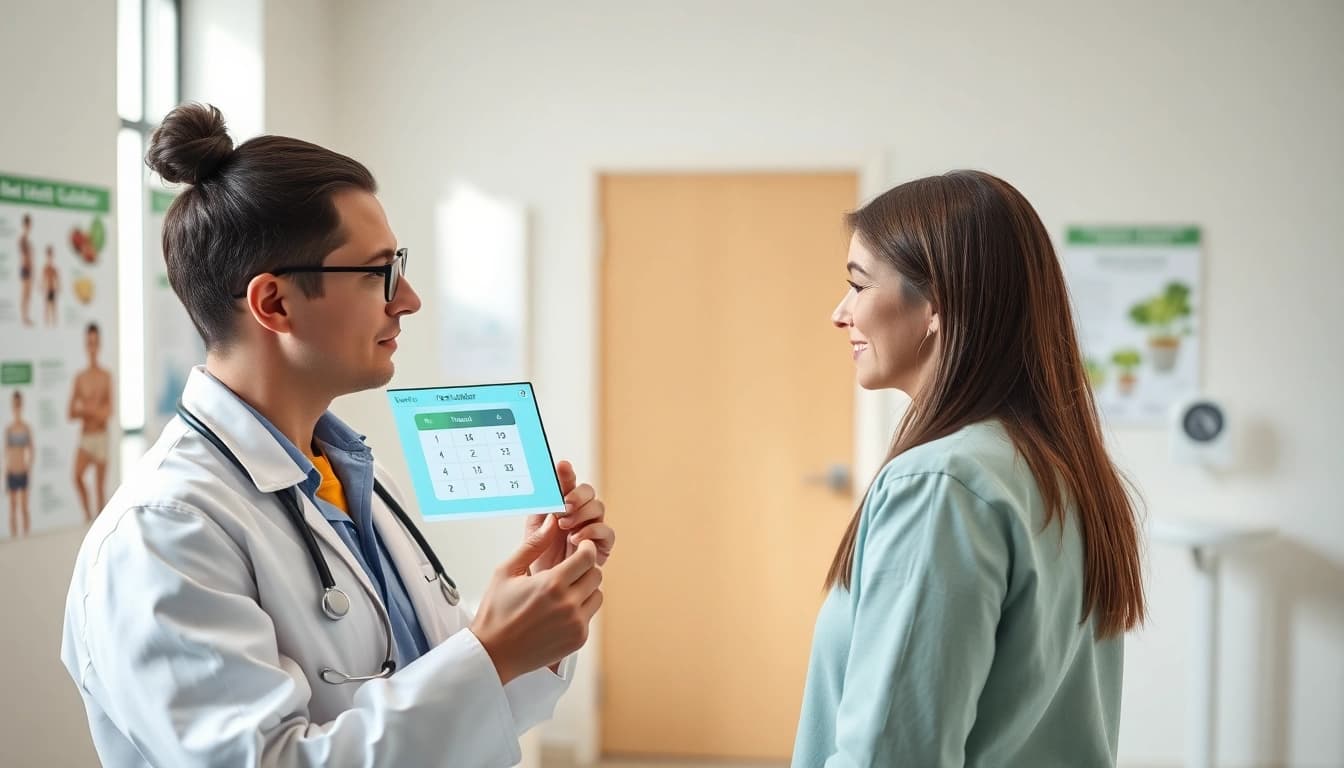 Calculate your ideal weight calculator results with a professional in a modern clinic.