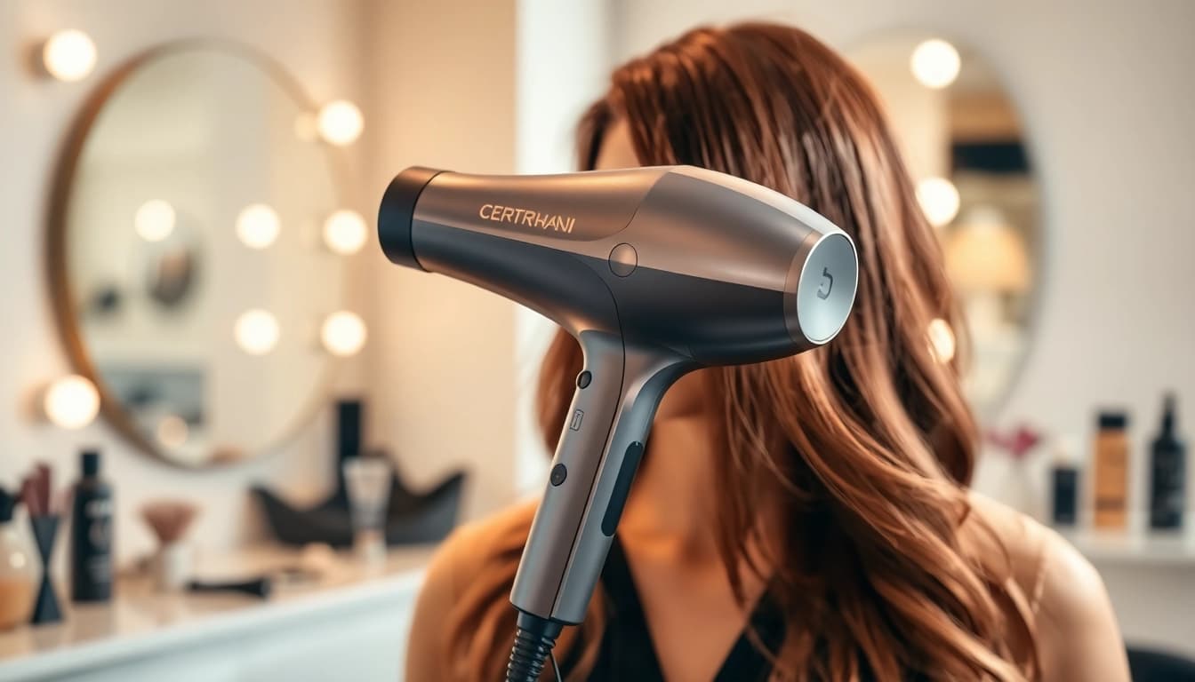 Using a hair dryer for fine hair to achieve a smooth finish in a chic salon setting.