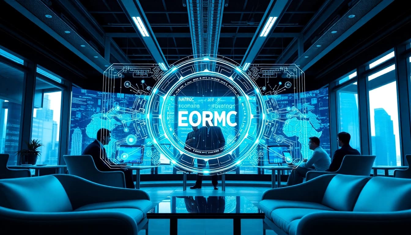 EORMC AI blockchain development showcased in a futuristic office with advanced holography.