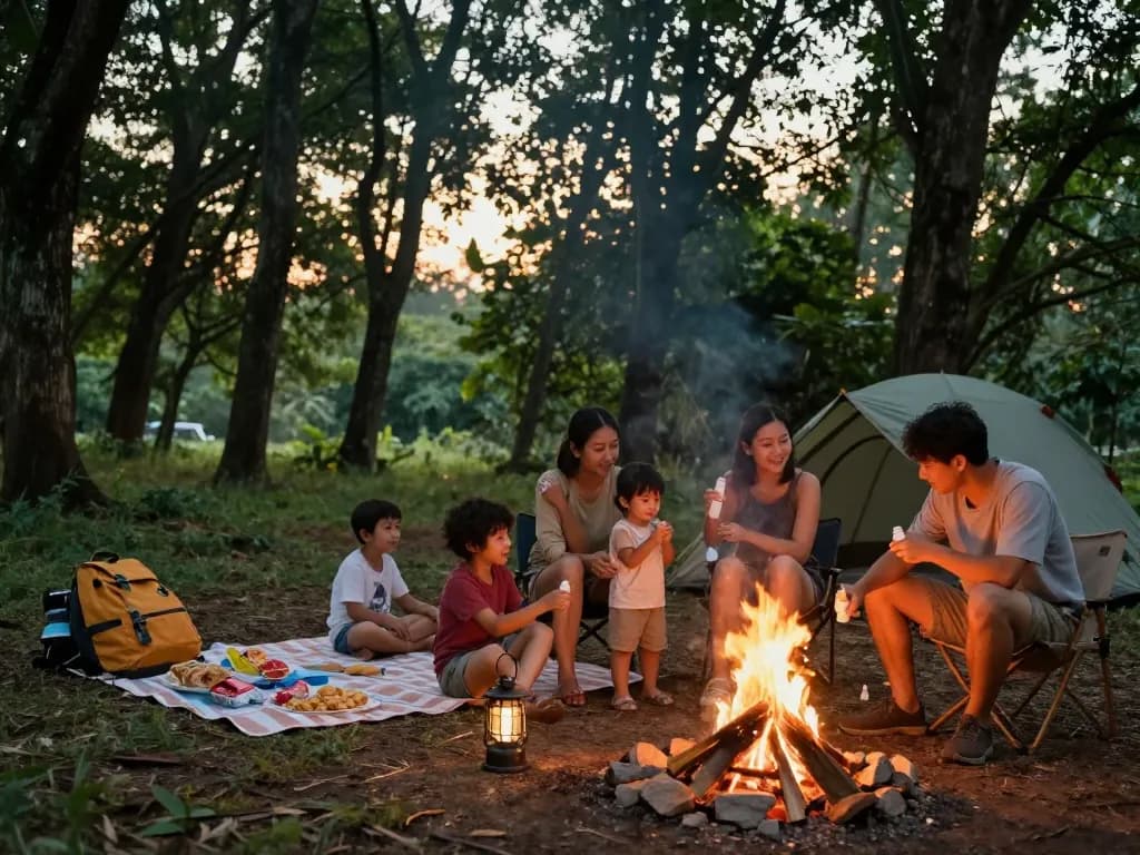 Family applying mosquito repellent while camping in a forest scene.