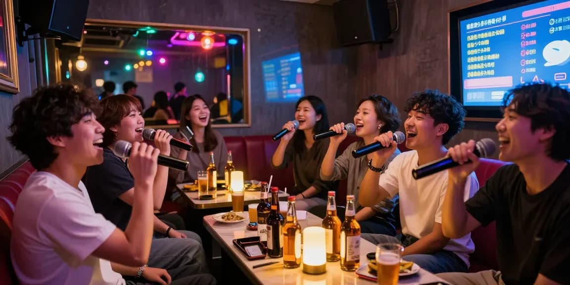 Capturing the excitement of 제주유흥 culture in Jeju's lively karaoke room filled with friends, whiskey bottles, and joyful moments.