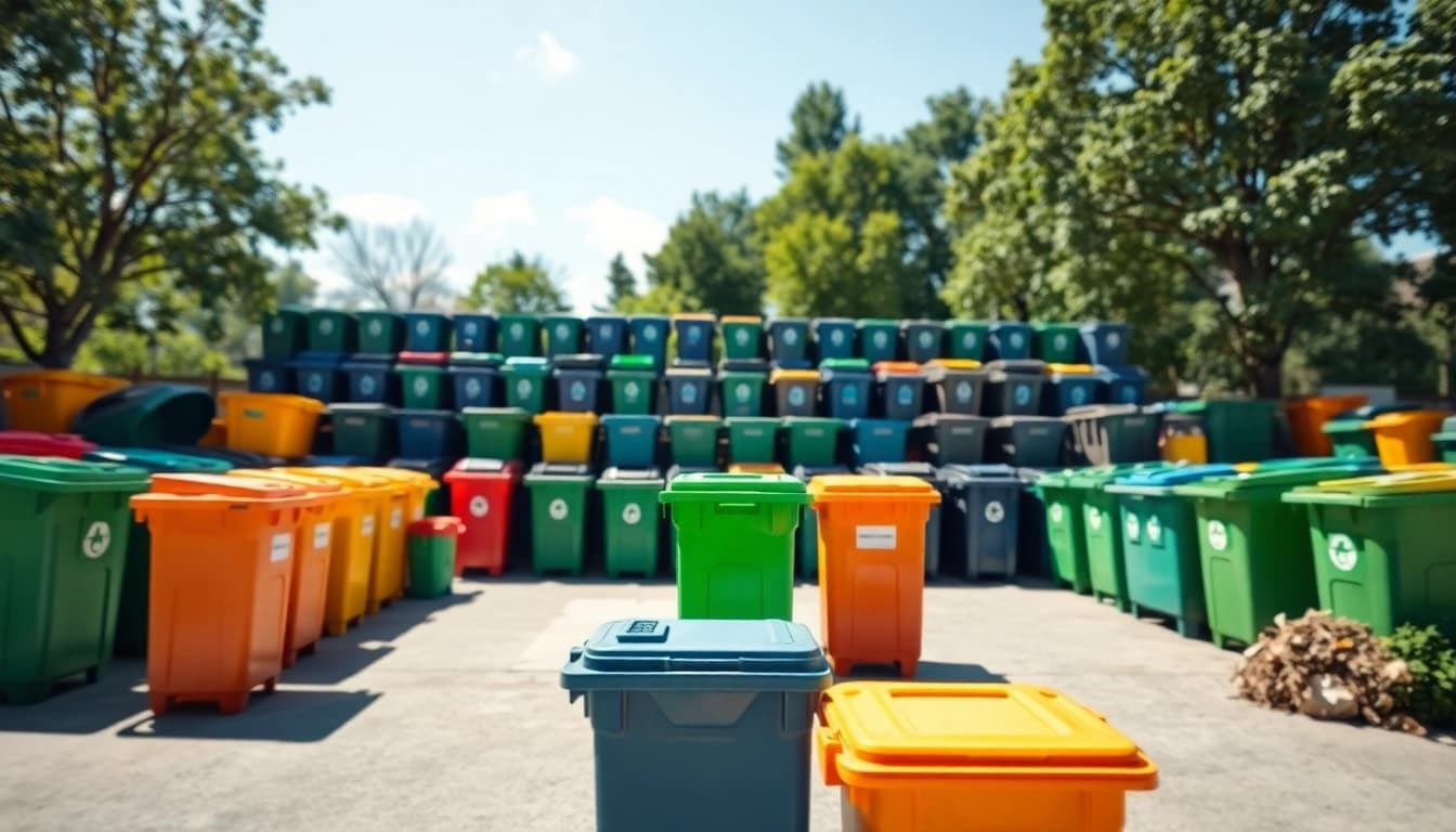 Showcasing garbage bins rental in a vibrant outdoor recycling area, emphasizing eco-friendly waste management.