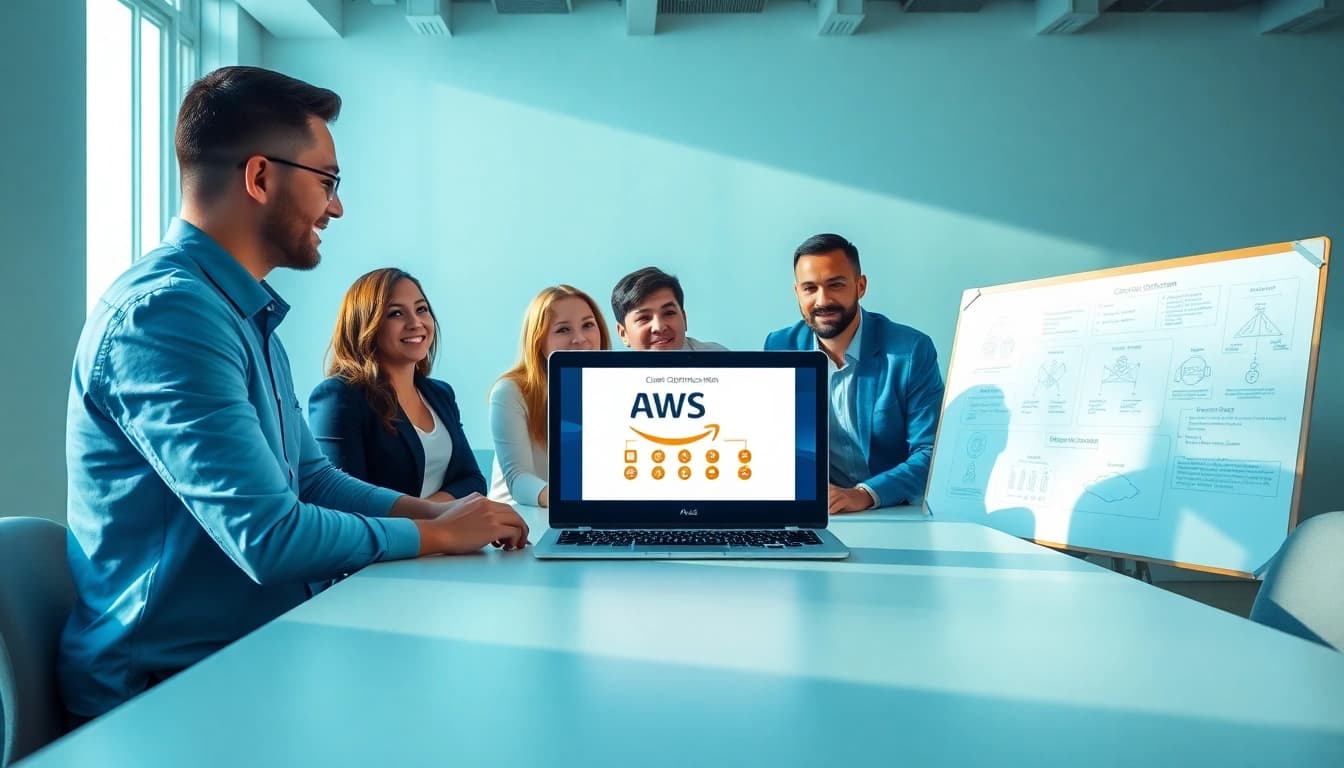 Collaborative team discussing AWS exam help in modern office with certification materials.