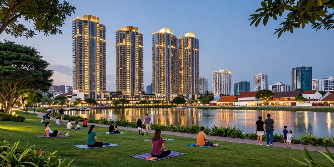 Tanjong Rhu Residences showcasing vibrant community life with families and couples enjoying the waterfront park.