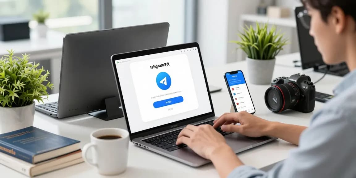 Engaged user utilizing telegram中文 on multiple devices in a modern workspace.
