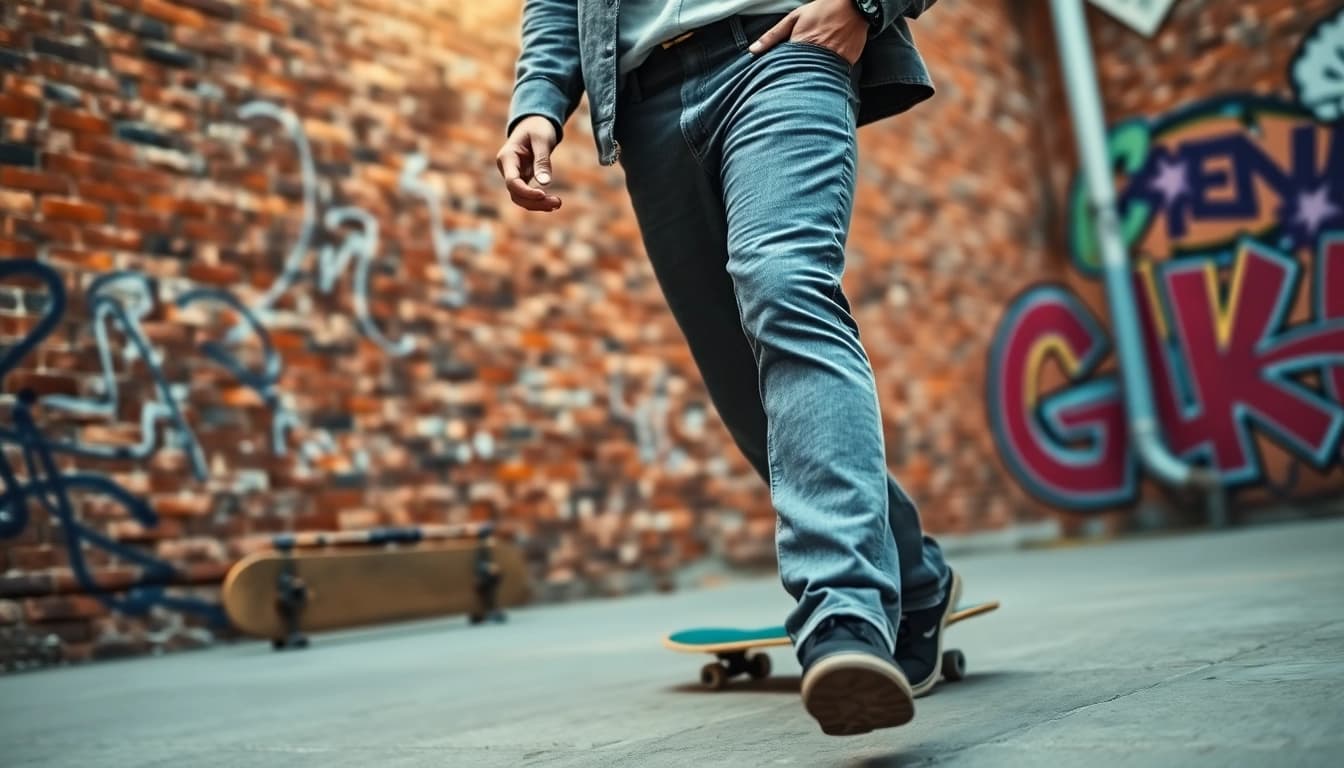 Model wearing grey jeans men walking in an urban setting showcases style and confidence.